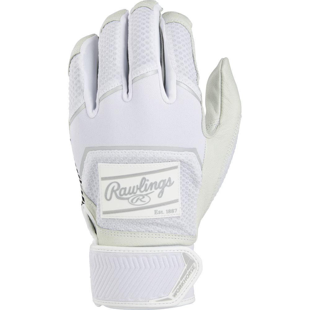 A Rawlings Workhorse Adult Batting Glove (WH22BG) in white and gray, with mesh, textured fabric, visible Rawlings logo on the wrist strap, and velcro closure is shown palm-down against a white background.