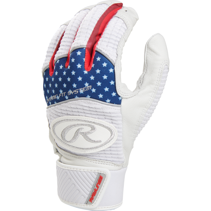 The Rawlings Workhorse Adult Batting Gloves (WH950BG) feature a white design with blue and white stars plus red accents, evoking the American flag. The Rawlings logo appears on the wrist strap, and the gloves are shown palm down.