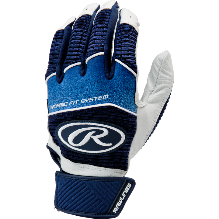A pair of blue and white Rawlings Workhorse Adult Batting Gloves (WH950BG) featuring a textured top, Velcro wrist strap, and Dynamic Fit System printed on the back.