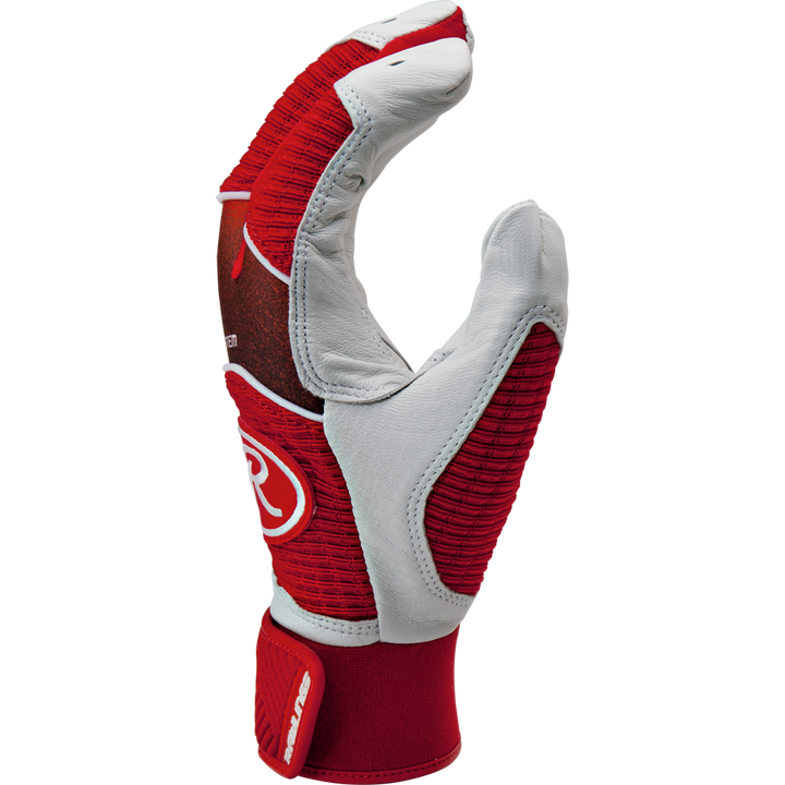 The Rawlings Workhorse Adult Batting Gloves (WH950BG) are shown upright in red, white, and gray with curved fingers, textured grip areas, and a Rawlings logo on the back of the hand.