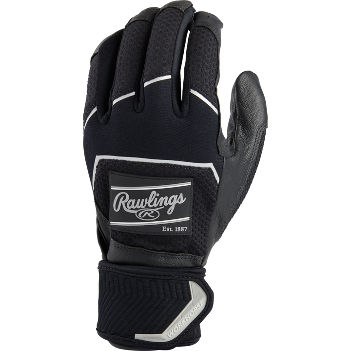 A pair of Rawlings Workhorse Adult Batting Gloves (WHC2BG) in black, featuring a gray Rawlings logo patch, "WORKHORSE" on the wrist strap, and an Oiltac leather palm for superior grip, shown on a white background.