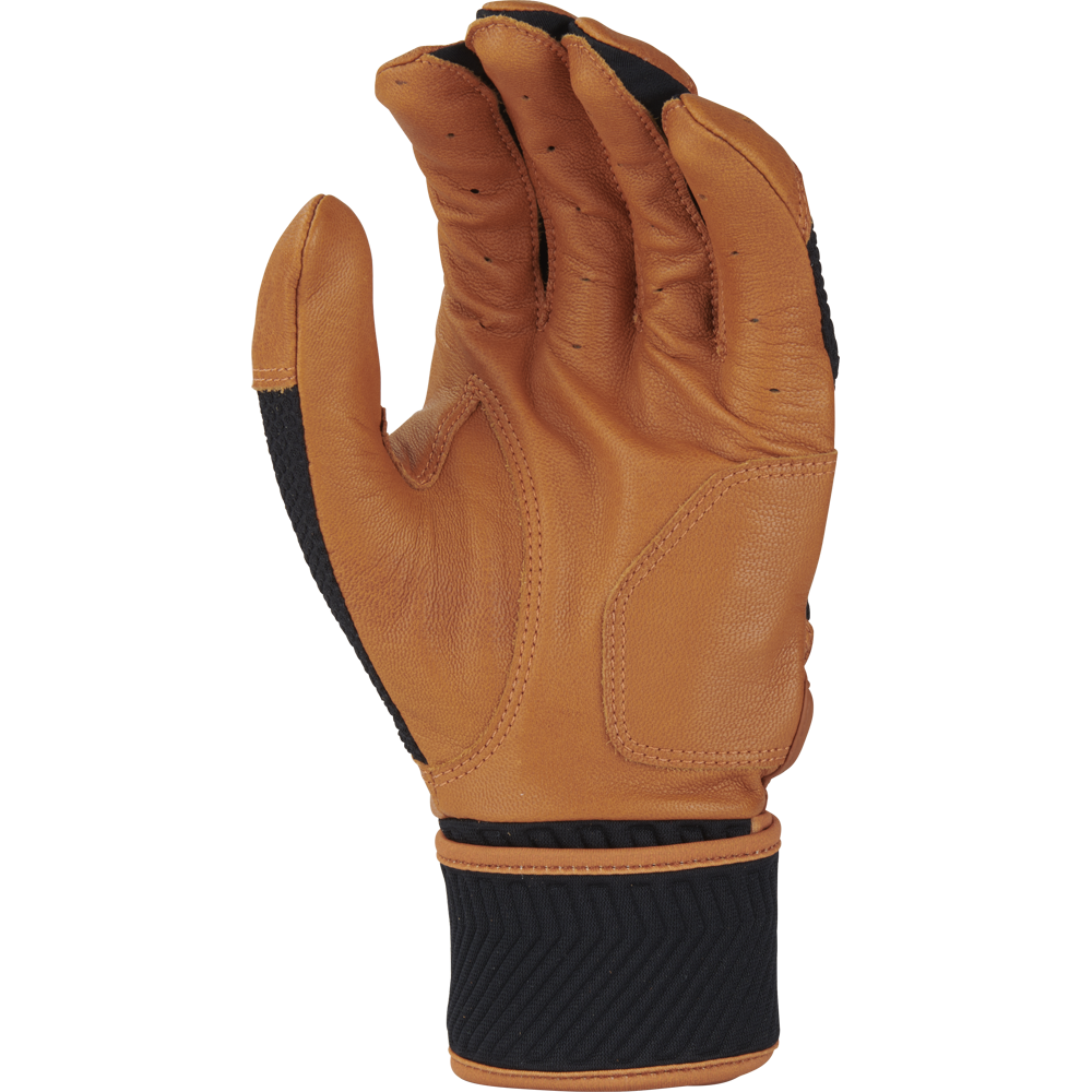 A tan-brown Rawlings Workhorse Adult Batting Glove (WHC2BG) with Oiltac leather palm and black wrist and side accents, shown palm out and fingers slightly bent.