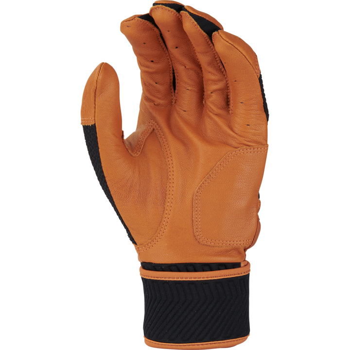 A tan-brown Rawlings Workhorse Adult Batting Glove (WHC2BG) with Oiltac leather palm and black wrist and side accents, shown palm out and fingers slightly bent.