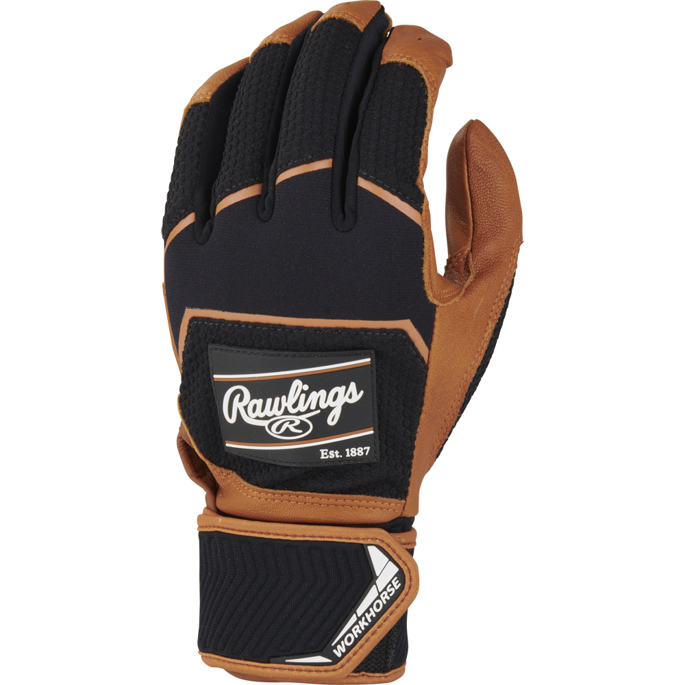 A close-up of the Rawlings Workhorse Adult Batting Gloves with Compression Strap (WHC2BG) showcases their Oiltac leather palm for premium grip and durability.