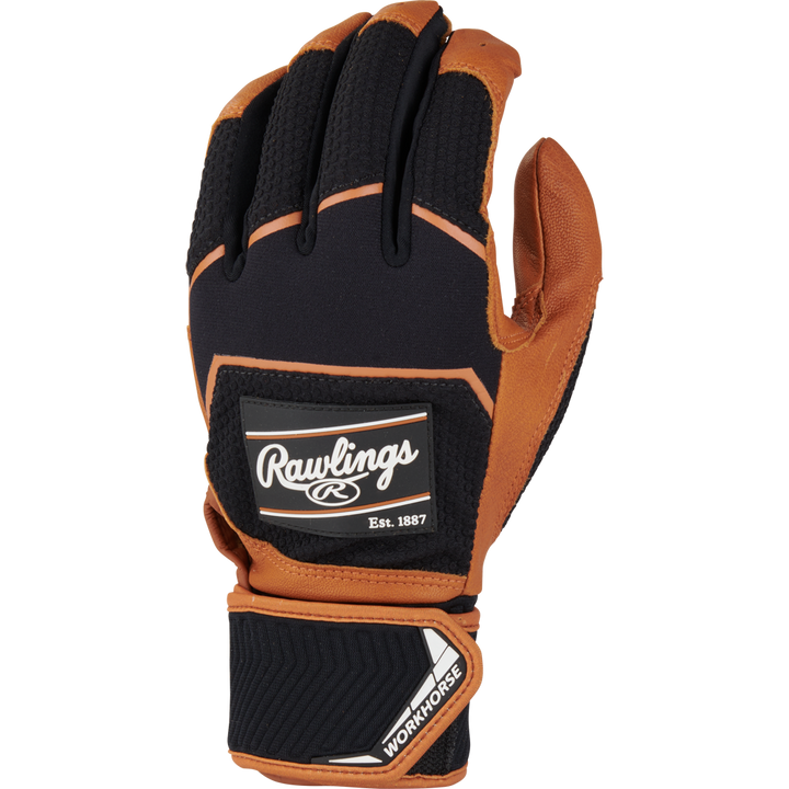 A close-up of the Rawlings Workhorse Adult Batting Gloves with Compression Strap (WHC2BG) showcases their Oiltac leather palm for premium grip and durability.