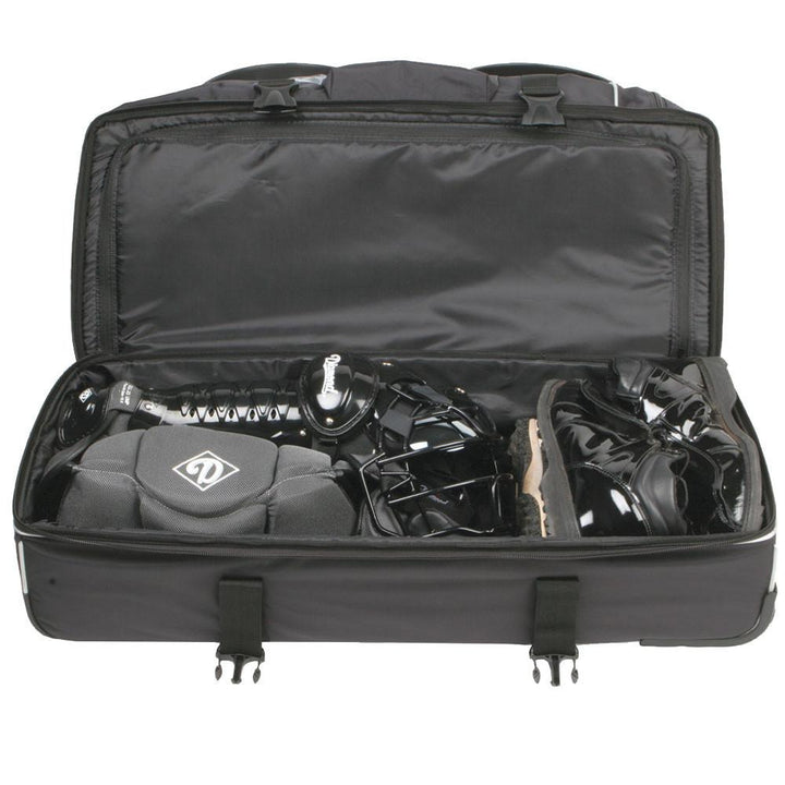 The Diamond Deluxe Wheeled Pro Umpire Gear Bag (WHL DLX UMP 33 BAG) by Diamond is a black ballistic fabric bag that neatly stores and organizes protective gear like helmet, leg guards, chest protector, and gloves.