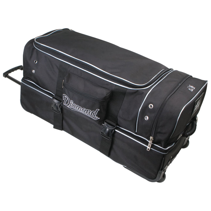 The Diamond Deluxe Wheeled Pro Umpire Gear Bag (WHL DLX UMP 33 BAG) is a large black ballistic fabric duffel with white piping, side pockets, handles, "Diamond" embroidery, wheels, and a telescopic pull handle for easy transport.