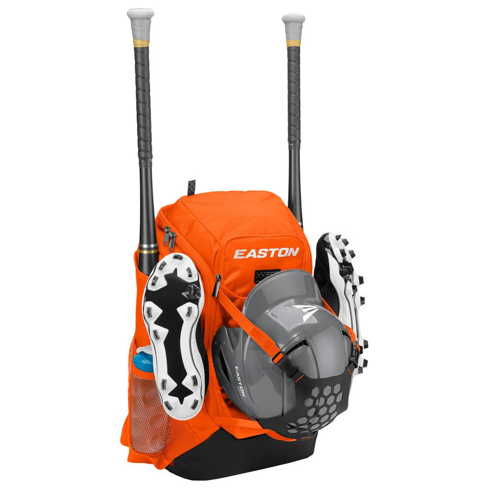 The Easton Walk Off NX Backpack (A159059) by Easton securely holds two bats, cleats, a batting helmet, and a water bottle in dedicated compartments for organized storage.