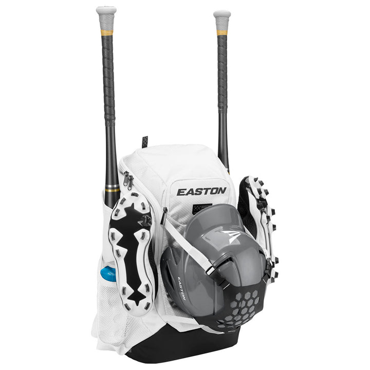 The Easton Walk Off NX Backpack by Easton holds a gray helmet, black-and-white cleats, two gray bats, and a blue water bottle in the side mesh pocket—an ideal baseball equipment bag for any player.