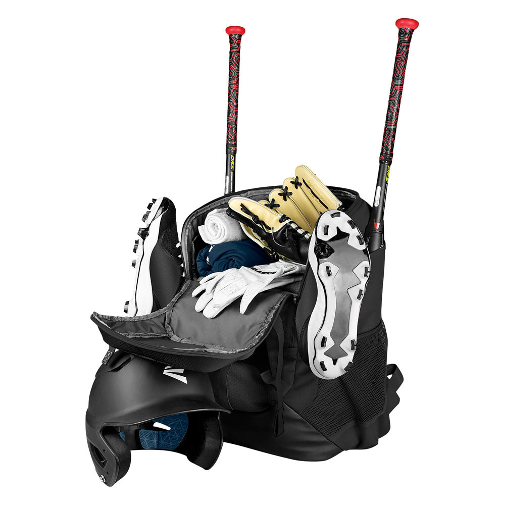 The Easton Walk Off NX Backpack by Easton is shown open and packed with baseball or softball gear—two bats, gloves, cleats, a helmet, and rolled-up clothing—with some equipment attached to the outside.