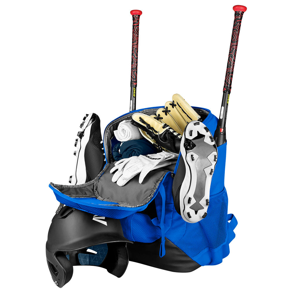 The Easton Walk Off NX Backpack by Easton is open, revealing gloves, rolled towels, cleats, and two baseball bats; a black helmet attaches to the outside, making it the ideal baseball backpack for players on the go.