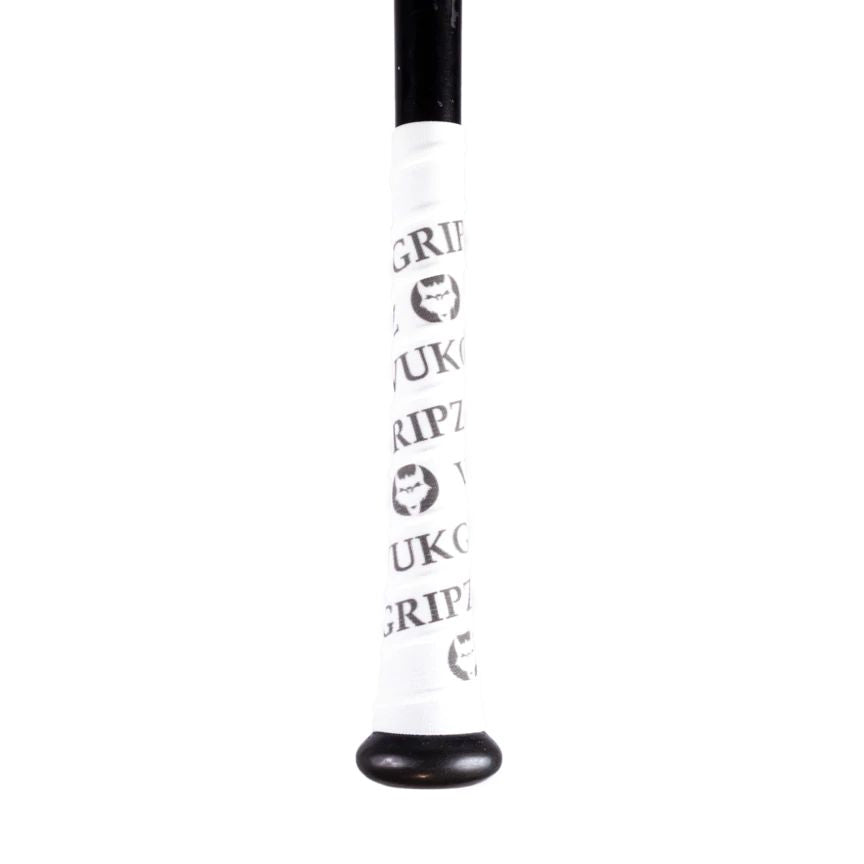Close-up of a bat handle wrapped in VukGripz Bat Grip Tape by VukGripz, featuring repeated branding and circular logos for enhanced grip. The end knob of the bat is black.