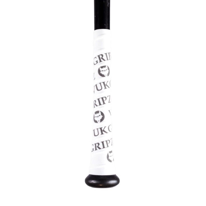 Close-up of a bat handle wrapped in VukGripz Bat Grip Tape by VukGripz, featuring repeated branding and circular logos for enhanced grip. The end knob of the bat is black.