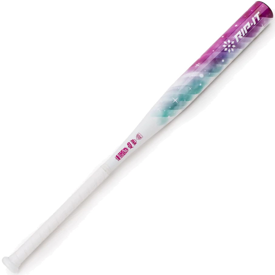The 2022 Rip It Stardust -12 Fastpitch Softball Bat (SDST-PB) features a white barrel with purple, blue, and teal gradients and the Rip It logo. This lightweight alloy bat combines standout style with excellent on-field performance.