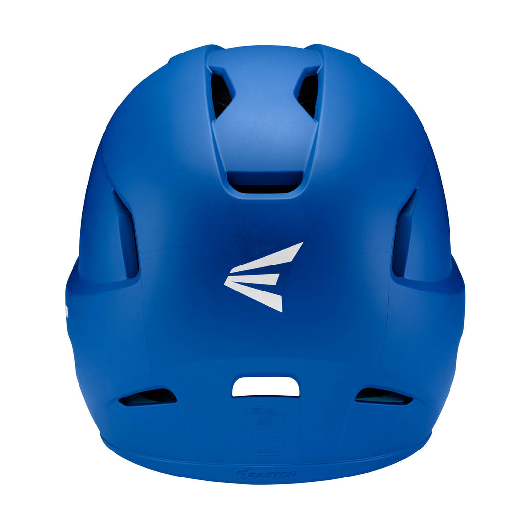 A blue Easton Z5 2.0 Grip Matte Solid Batting Helmet (Z52MT) is shown from the back, displaying a central white stylized E logo and multiple vents; it's NOCSAE certified for enhanced safety.