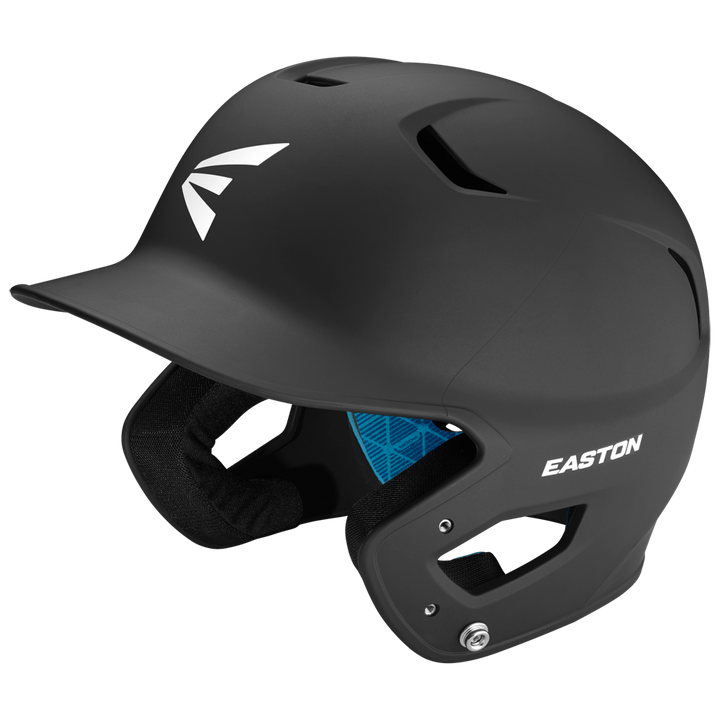 The Easton Z5 2.0 Grip Matte Solid Batting Helmet (Z52MT) features a matte black finish, single ear guard, blue inner padding, and white Easton logos; NOCSAE certified for safety and style.