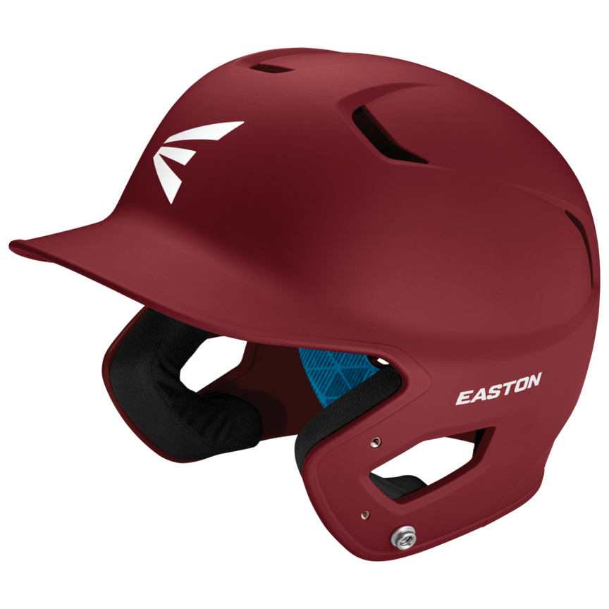 The Easton Z5 2.0 Grip Matte Solid Batting Helmet (Z52MT) in maroon features ear protection, ventilation holes, visible interior padding, white EASTON and E logos, and is NOCSAE certified for safety.