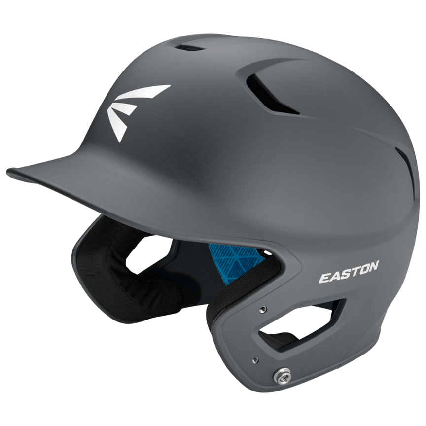 The Easton Z5 2.0 Grip Matte Solid Batting Helmet (Z52MT) features a matte gray finish, ear protection, vented top, bold white EASTON logos, partially visible interior padding, and is NOCSAE certified for safety.