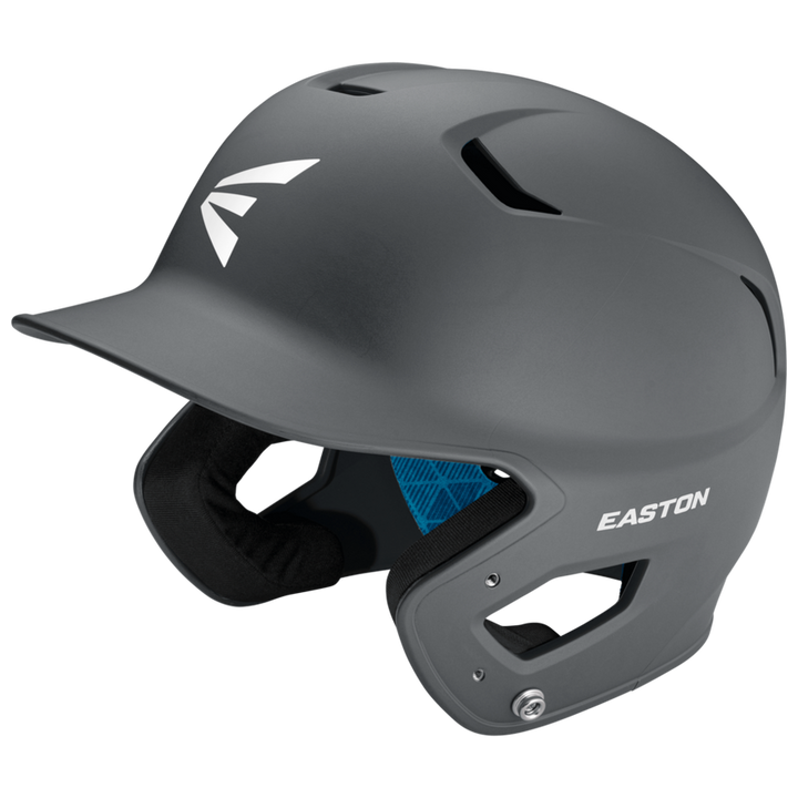 The Easton Z5 2.0 Grip Matte Solid Batting Helmet (Z52MT) features a matte gray finish, ear protection, vented top, bold white EASTON logos, partially visible interior padding, and is NOCSAE certified for safety.