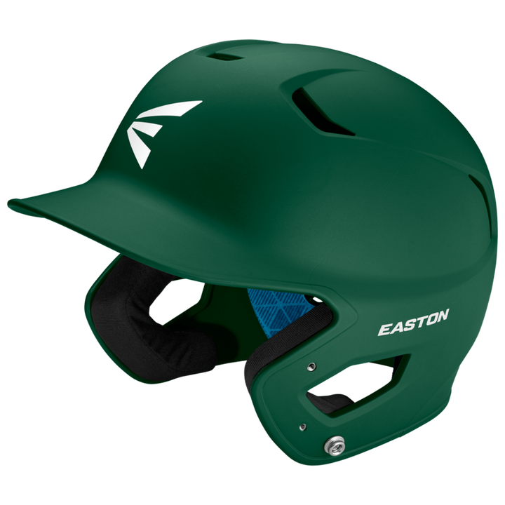 The Easton Z5 2.0 Grip Matte Solid Batting Helmet (Z52MT) features ear protection, top ventilation holes, a curved brim, and white Easton logos; this green helmet is NOCSAE certified for safety.