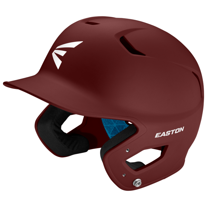 An Easton Z5 2.0 Grip Matte Solid Batting Helmet (Z52MT) in maroon with ear protection, black interior padding, and white Easton logos, NOCSAE certified, is displayed on a plain white background.