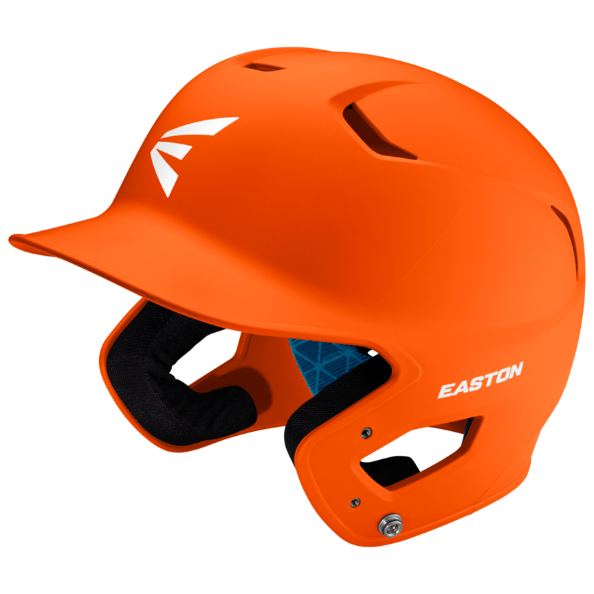The Easton Z5 2.0 Grip Matte Solid Batting Helmet (Z52MT) features a bright orange finish, side ear protection, black interior padding, top ventilation holes, a visor, white Easton logos, and is NOCSAE certified.