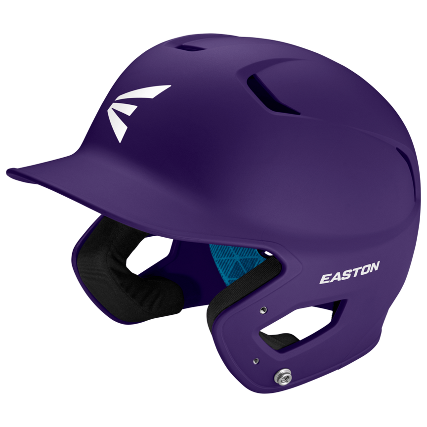 A purple Easton Z5 2.0 Grip Matte Solid Batting Helmet (Z52MT) with a visor, black padded interior, and white Easton logos is NOCSAE certified for safety, displayed on a plain light background.