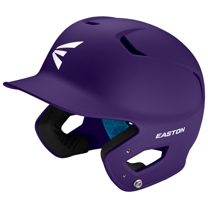 A purple Easton Z5 2.0 Grip Matte Solid Batting Helmet (Z52MT) with a visor, black padded interior, and white Easton logos is NOCSAE certified for safety, displayed on a plain light background.