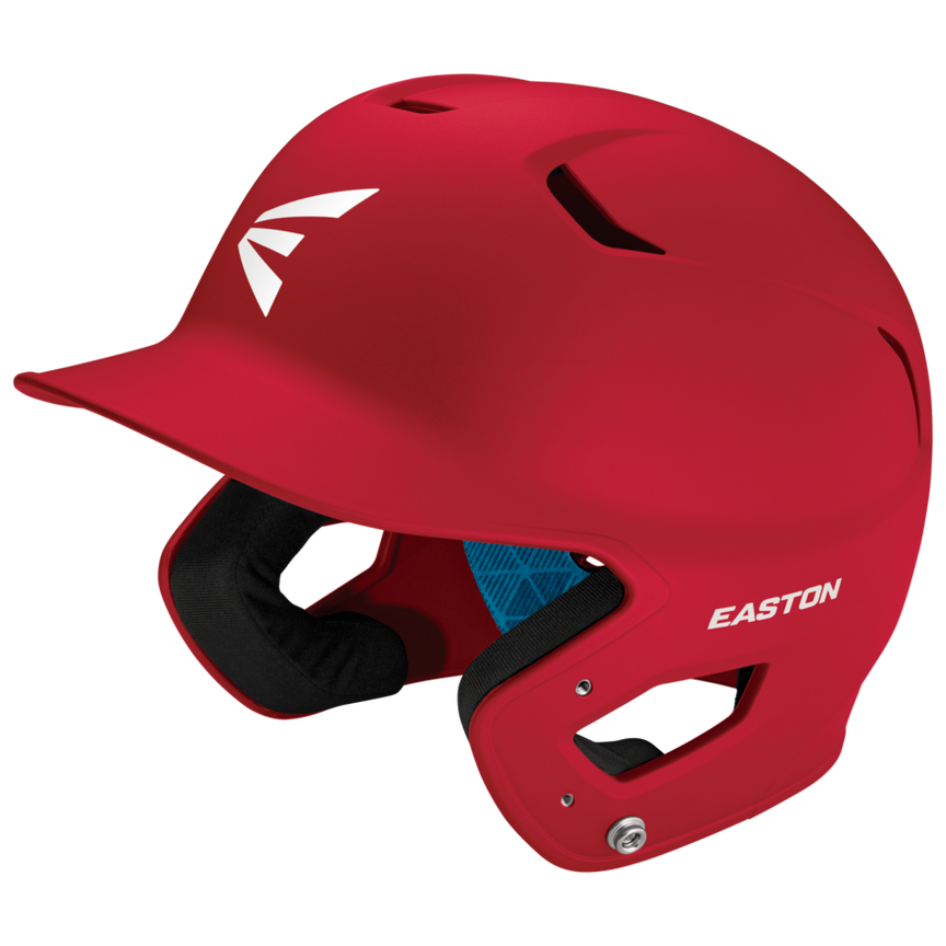 The Easton Z5 2.0 Grip Matte Solid Batting Helmet (Z52MT) comes in red with black padding, ventilation holes, a white Easton logo, a protective ear flap, and is NOCSAE certified for safety.