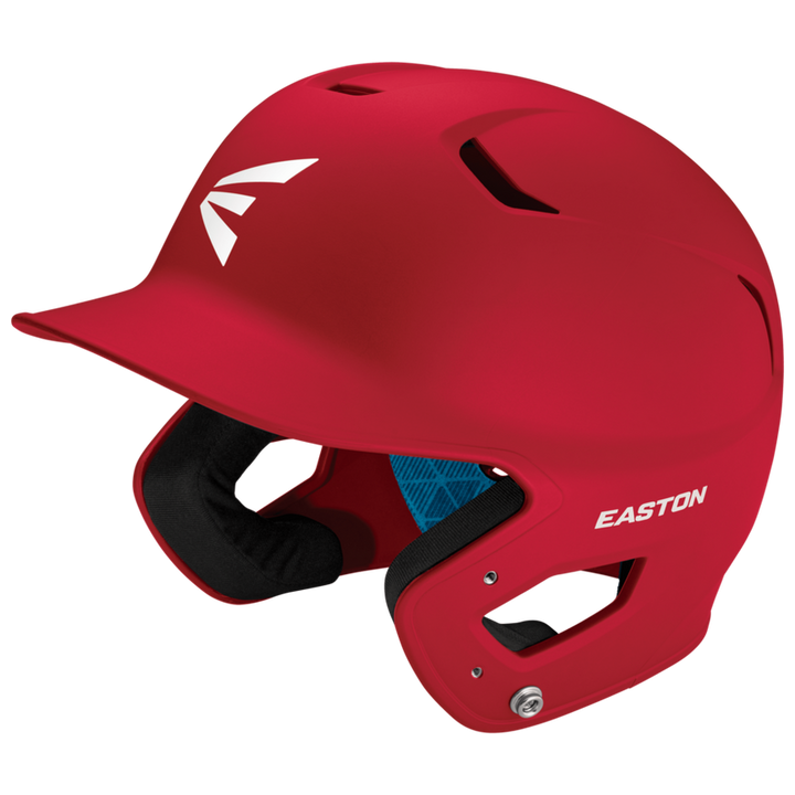 The Easton Z5 2.0 Grip Matte Solid Batting Helmet (Z52MT) comes in red with black padding, ventilation holes, a white Easton logo, a protective ear flap, and is NOCSAE certified for safety.