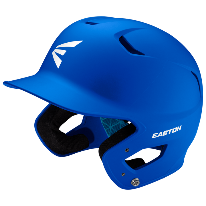 The Easton Z5 2.0 Grip Matte Solid Batting Helmet (Z52MT) features a bright blue finish, protective ear guard, black interior padding, white Easton logos, and NOCSAE certification, shown on a plain white background.