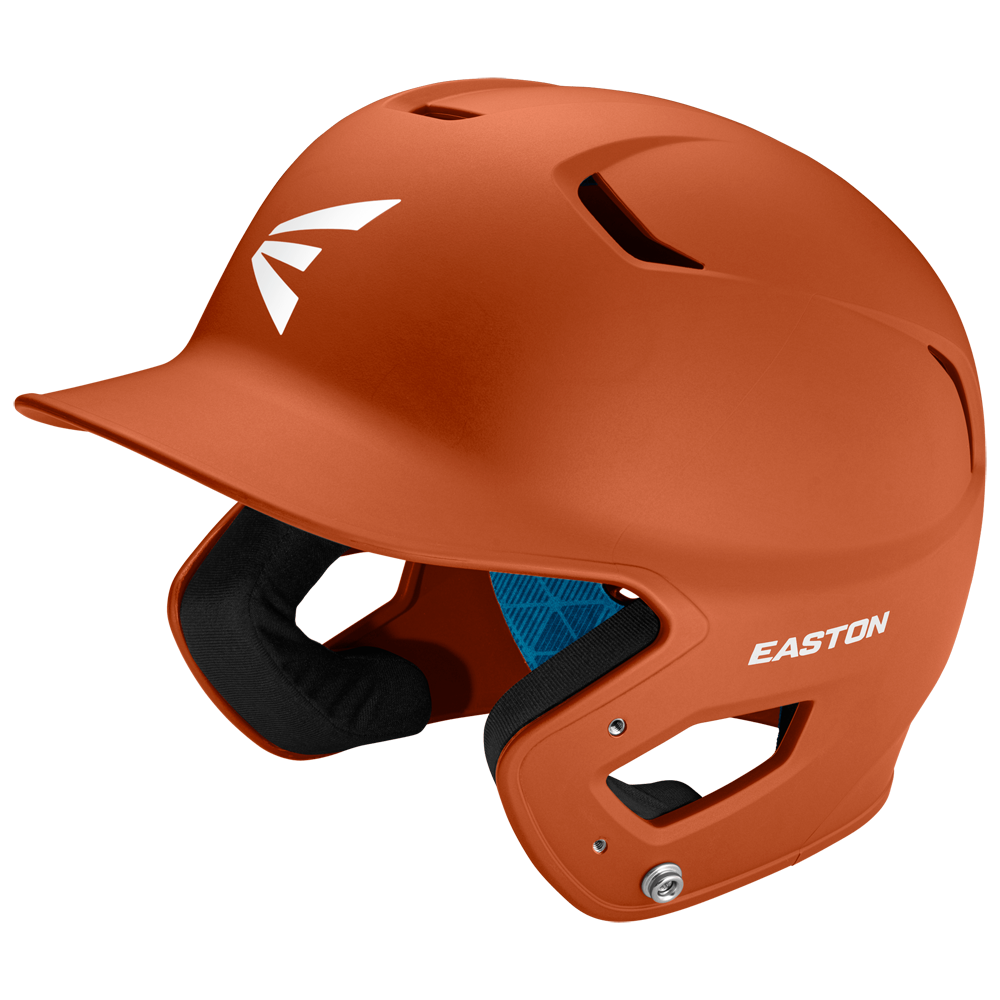 An Easton Z5 2.0 Grip Matte Solid Batting Helmet (Z52MT) in orange with a white Easton logo, protective ear guard, blue interior lining, and NOCSAE certification is displayed on a plain white background.