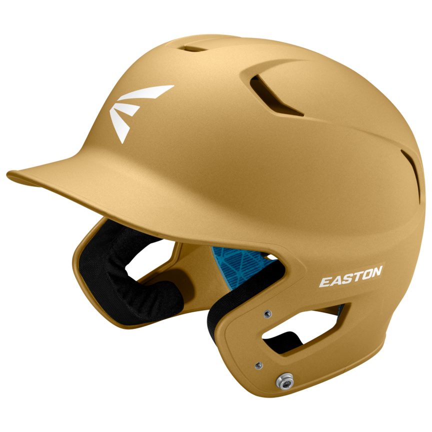 The Easton Z5 2.0 Grip Matte Solid Batting Helmet (Z52MT) features a gold matte finish, ear protection, ventilation holes, and a white front-left logo. NOCSAE certified for safety, it’s shown against a plain light background.