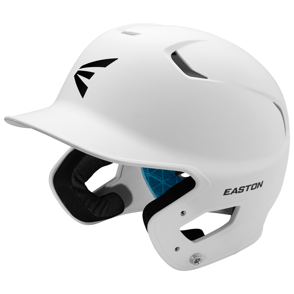 The Easton Z5 2.0 Grip Matte Solid Batting Helmet (Z52MT) features black interior padding, a front visor, dual ear protection, and a black Easton logo. NOCSAE certified, it ensures safety and style on the field.