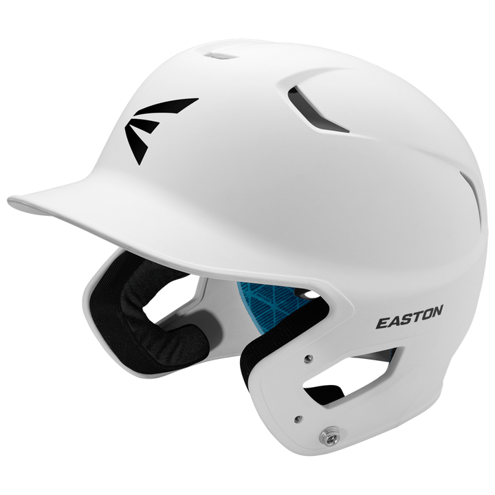 The Easton Z5 2.0 Grip Matte Solid Batting Helmet (Z52MT) features black interior padding, a front visor, dual ear protection, and a black Easton logo. NOCSAE certified, it ensures safety and style on the field.