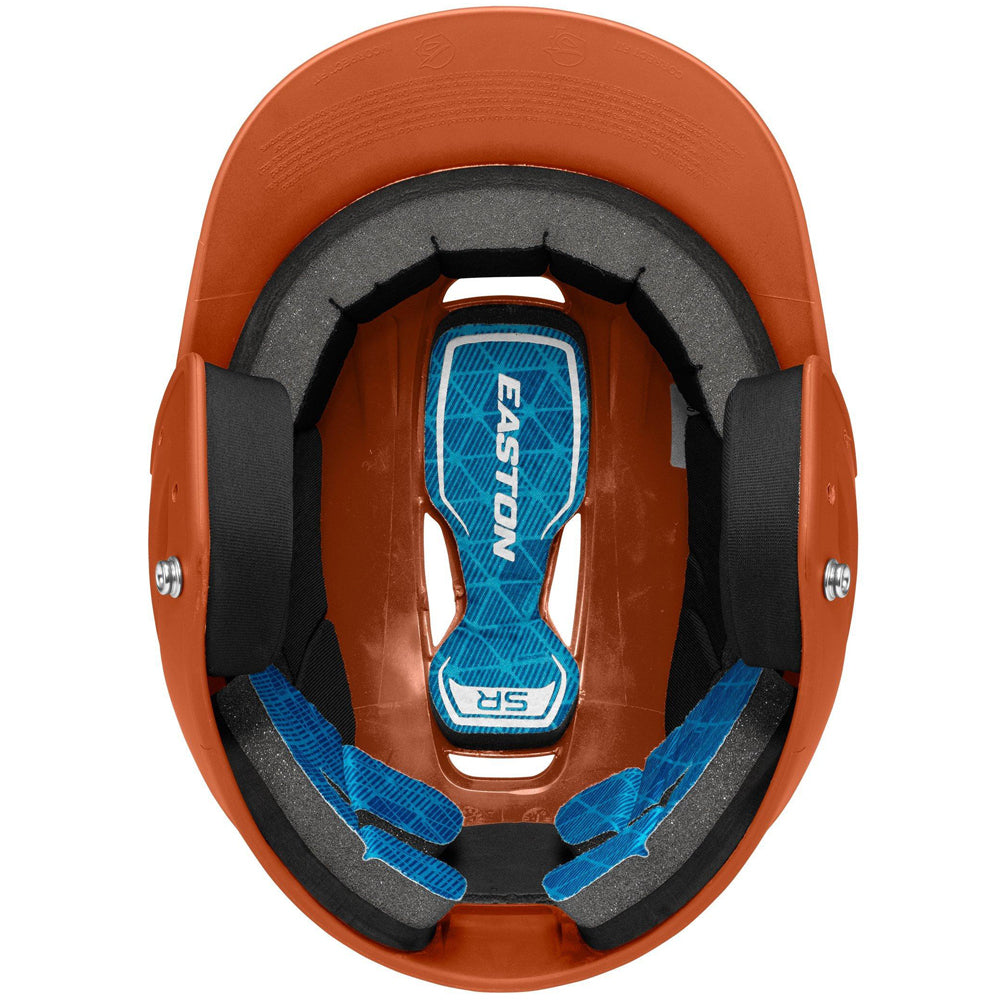 Top view of the Easton Z5 2.0 Grip Matte Solid Batting Helmet (Z52MT) by Easton, showing black padding and blue interior cushioning with "EASTON" on the center pad. NOCSAE certified for comfort and protection on the field.