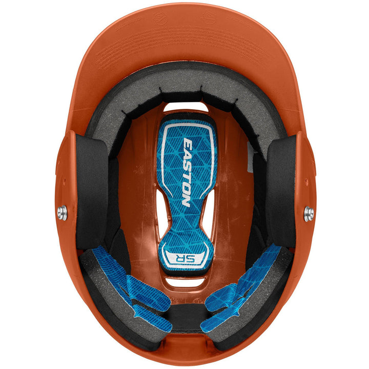 Top view of the Easton Z5 2.0 Grip Matte Solid Batting Helmet (Z52MT) by Easton, showing black padding and blue interior cushioning with "EASTON" on the center pad. NOCSAE certified for comfort and protection on the field.