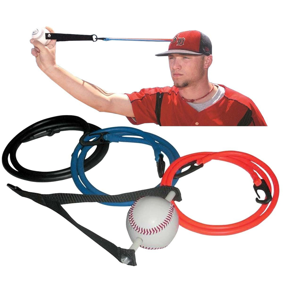 A baseball player uses the Markwort Arm Strong Pitching & Throwing Trainer: ASB—with a baseball attached to a strap and three resistance cords (black, blue, red)—to improve arm health and throwing accuracy.