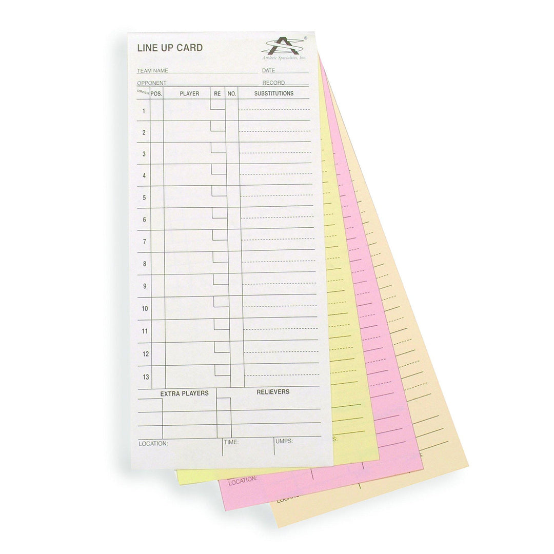 Athletic Specialties Lineup Cards (LUC) by Athletic Specialties: 8 1/2 x 3 1/2, carbonless 4-part sets (white, yellow, pink, goldenrod), spaces for 13 players, and fields for team name, date, and game details.
