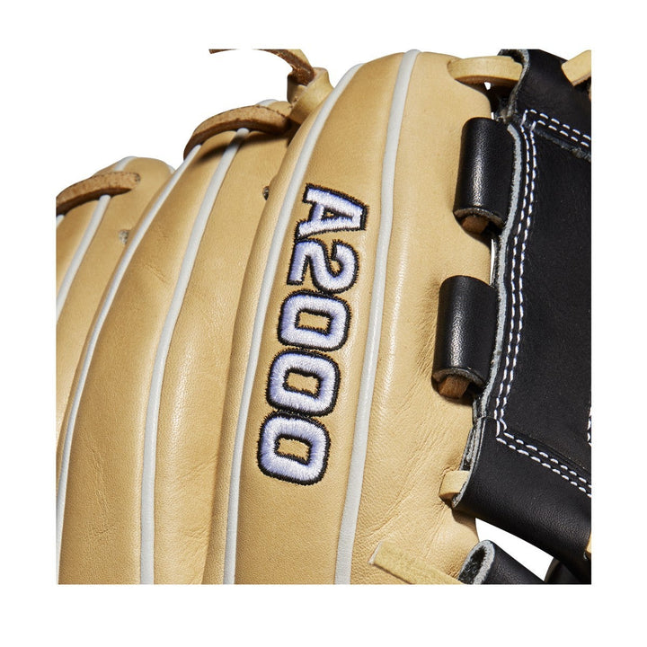 Close-up of the Wilson A2000 P12 12" Fastpitch Glove (WBW10043912), crafted from tan Pro Stock leather with black laces and white stitching, and featuring blue and white embroidered "A2000"—a top versatile choice for softball players.
