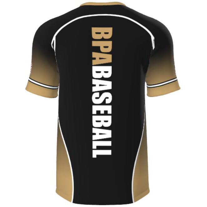 Back view of the DSG Apparel Baseball Players Association BPA Sublimated Short Sleeve Shirt in black and gold with white trim. "BPA BASEBALL" is printed vertically in large white letters down the back.