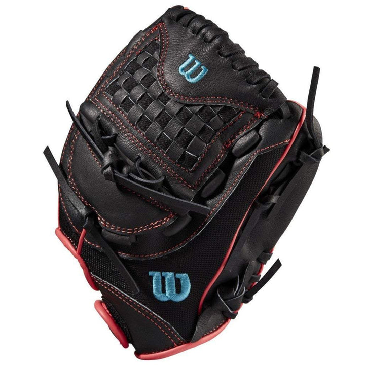 The Wilson Flash 11.5" Fastpitch Glove (WBW100415115) is a black leather infield glove with red stitching, blue W logos, a closed corset web design, and detailed lacing for added style and performance.