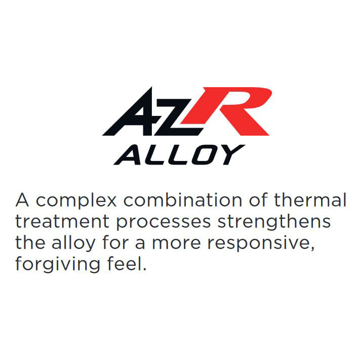 Text reads: âAzR ALLOY. Special thermal treatments boost the AzR alloy, giving the 2023 Marucci CATX (-8) USSSA Baseball Bat a more responsive, forgiving feel.â AzR is bold with a red R.