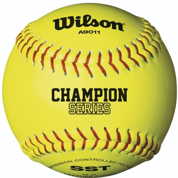 A close-up of the Wilson NFHS Polycore 12" Leather Fastpitch Softball, featuring Compression Controlled Polycore—ideal for high school games and approved as a top NFHS softball.