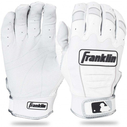 A pair of white Franklin CFX Pro Youth Batting Gloves: 205 by Franklin, featuring black logos, the MLB logo on the wrist, and crafted with PITTARDS DIGITAL sheepskin leather for superior grip. One palm and one backhand are visible.