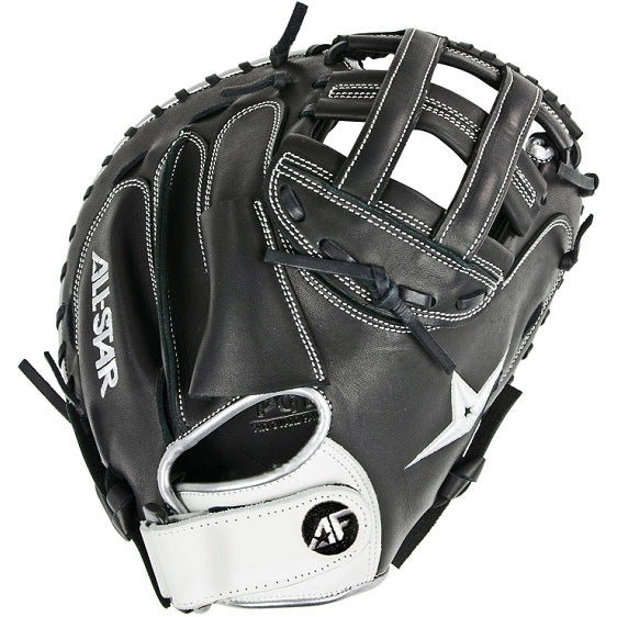 The All Star AF Elite 33.5" Fastpitch Catcher's Mitt (CMW3001-B) features black and white Japanese-tanned steer hide, visible white stitching, and an adjustable wrist strap.