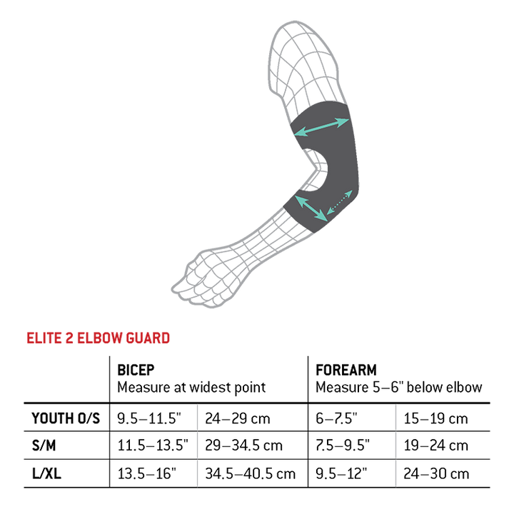 Diagram of an arm showing where to measure bicep and forearm for the G-Form Elite 2 Batter’s Elbow Guard (EP1410) by G-Form. Sizing chart lists Youth, S/M, and L/XL sizes with measurements in inches. SmartFlex padding included.