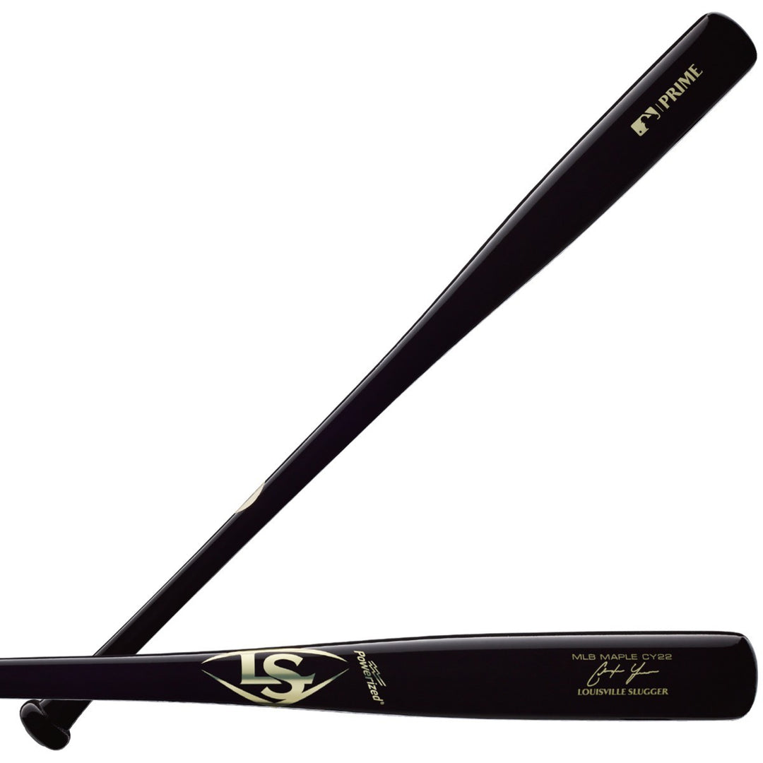 Two black Louisville Slugger MLB Prime Signature Series CY22 Christian Yelich Game Model bats are shown, one flat and one diagonally across it, both featuring gold accents and branding, including the Yelich bat logo.