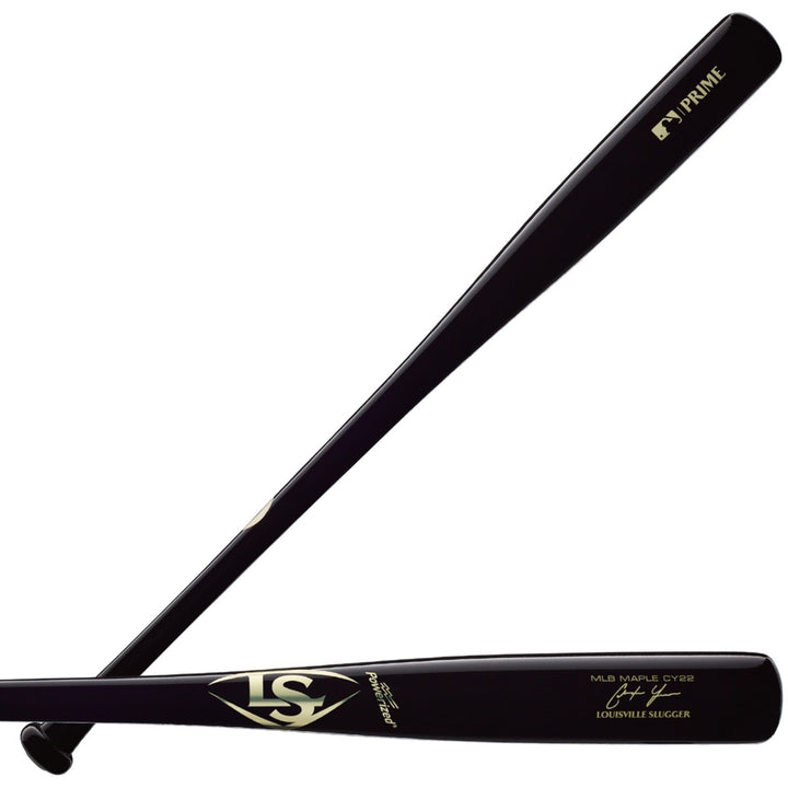 Two black Louisville Slugger MLB Prime Signature Series CY22 Christian Yelich Game Model bats are shown, one flat and one diagonally across it, both featuring gold accents and branding, including the Yelich bat logo.