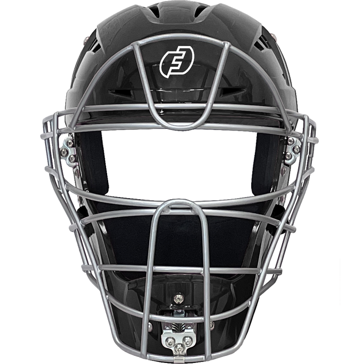 The Force3 Hockey Style Defender Catcher's Helmet: BD22 is displayed front-on against a white background, featuring a black shell, silver metal faceguard, and a white Force3 "F" logo on the forehead.